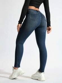 Jeanoix Minimalist Solid Color Slim Fit Zipper Fly Denim Jeans - Dark Wash - View 2