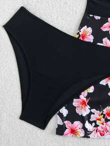 Swim Lushoire 2025 Women's New One-Shoulder Soft Color-Block Slimming 2-Piece Separates Swimsuit - Black - View 6