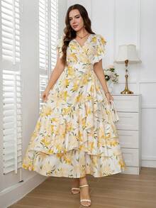 Reflora Plus Size Women's Vacation Floral Print Ruffle Short Sleeve Elegant Multi-Layered Ruffle Hem Dress All White Summer Party Wedding Guest - Yellow - View 7