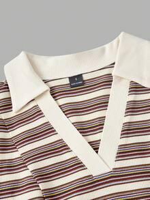 SHEIN MOD Vintage 2000s Brown Striped Ruffle Collar Knitted Mini Dress - Preppy Style, 70s, Casual, Comfortable, Old Money Aesthetic, Back-To-School Summer - Multicolor - View 5