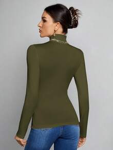 SHEIN Tall 簡約純色修身高領白色上衣，適合秋冬，適合高個女性 - 軍綠色 - 查看 2