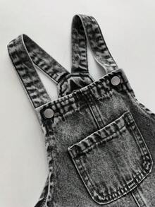Young Boy Colorful Cartoon Dinosaur Print Pocket Denim Overalls - Light Grey - View 5