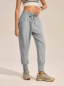 SHEIN Ciela Rowan Women's Solid Color Drawstring Waist Pocket Casual Versatile Daily Outdoor Sweatpants - Light Grey - View 2