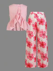 2pcs/Set Conjunto de Verano para Niñas con Top sin Mangas con Volantes en la Espalda & Pantalones Largos con Lazo Estampado, Casual Versátil para Vacaciones, Salidas, Compras, Desplazamientos - Multicolor - Ver 2