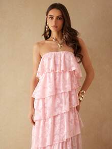Silquee Elegant Romantic Pink Jacquard Dress With Multi-Layered Asymmetrical Ruffled Hem. Suitable For Party Vacation Wedding Dresses And Graduation Summer - Pink - View 3