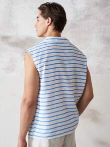 TONEVAULT Men's Summer Casual Tropical Linen-Like Sleeveless Shirt Vacation Blue And White Stripe - Blue - View 3