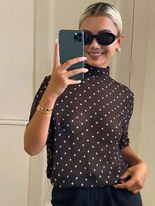 Livesso White With Black Polka Dots Loose Flowy Top For Women Office Autumn Elegant - Coffee Brown - View 6