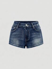 ROMWE Avant Women's Y2K Retro Wing Skull Embroidered Ultra Short Denim Shorts - Blue - View 2