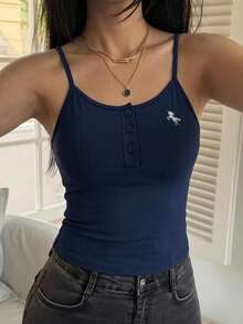 DAZY 女款領口短袖修身性感休閒套頭街頭風T恤 夏季 - 藏蓝色 - 查看 4