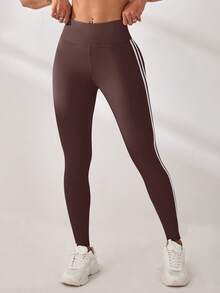 SHEIN Sovereign Charm Contrast Color Striped High Waist Sports Leggings - Brown - View 5