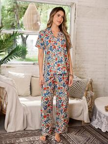 Serenescape Floral Print Lapel Short Sleeve Long Pants Pajama Set - Multicolor - View 4