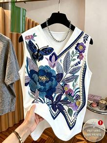 SHEIN Franclia 休閒百搭時尚優雅戶外通勤夏季旅行出遊派對深藍色蝴蝶花卉珍珠印花V領無袖女款背心上衣 - 彩色 - 查看 3