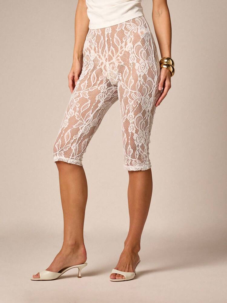 AiiRZ Women's High Waisted Lace Capri Pants With Floral Pattern And Sheer See Through Design
