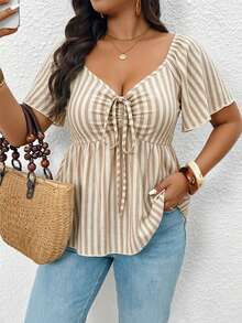 SHEIN Frenchy Plus Size Women V-Neck Short Waist Textured Brown Long Sleeve T-Shirt, Casual Versatile Tee, Ruffle Sleeve Cinching Waist Front Tie Design, Elegant Top, Commute Business Top, Brown Top Brown Top Lace - Apricot - View 4