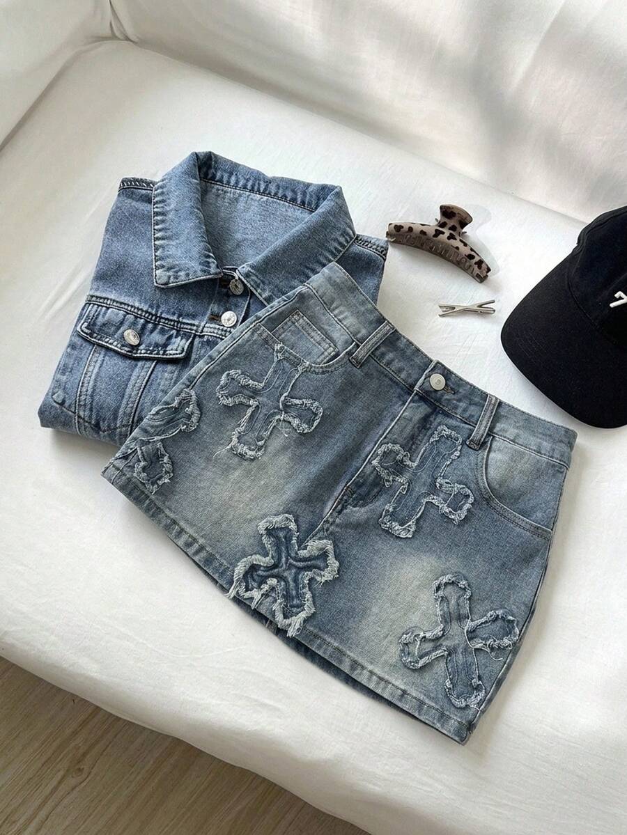 SHEIN 青少年女孩 Y2k 荷葉邊交叉拼接刺繡彈性緊身半身裙 - 藍色 - 查看 1