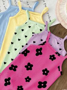 [Random 5pcs, Send 1pc]Vintage Sweet Rose Red Mini Floral Print Pattern Baby Girl Casual Camisole Romper Shorts Suitable For Spring And Summer - Multicolor - View 4