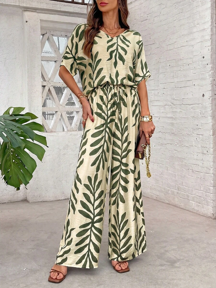 SHEIN Clasi 女款優雅V領長袖上衣與寬腿褲葉子印花兩件套 - 墨綠色 - 查看 1