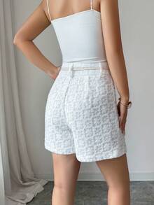 SHEIN Clasi High-Waisted Design Solid Color Hollow Out European And American Style 3D Floral Applique Casual French Elegant Shorts Vacation White Summer Brunch - White - View 3