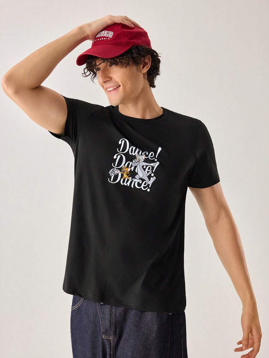 Strevion TOM & JERRY Men's Minimalist Cat & Mouse Graphic Print Round Neck Short Sleeve T-Shirt, Summer - Black - View 1