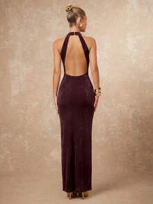 Lumalex Women's Dark Brown Autumn Elegant Wedding Guest Long Dress,Metal Decor Pleated Backless Halter Neck Glitter-Accented Luxury Prom Party Banquet Gown - Dark Brown - View 14