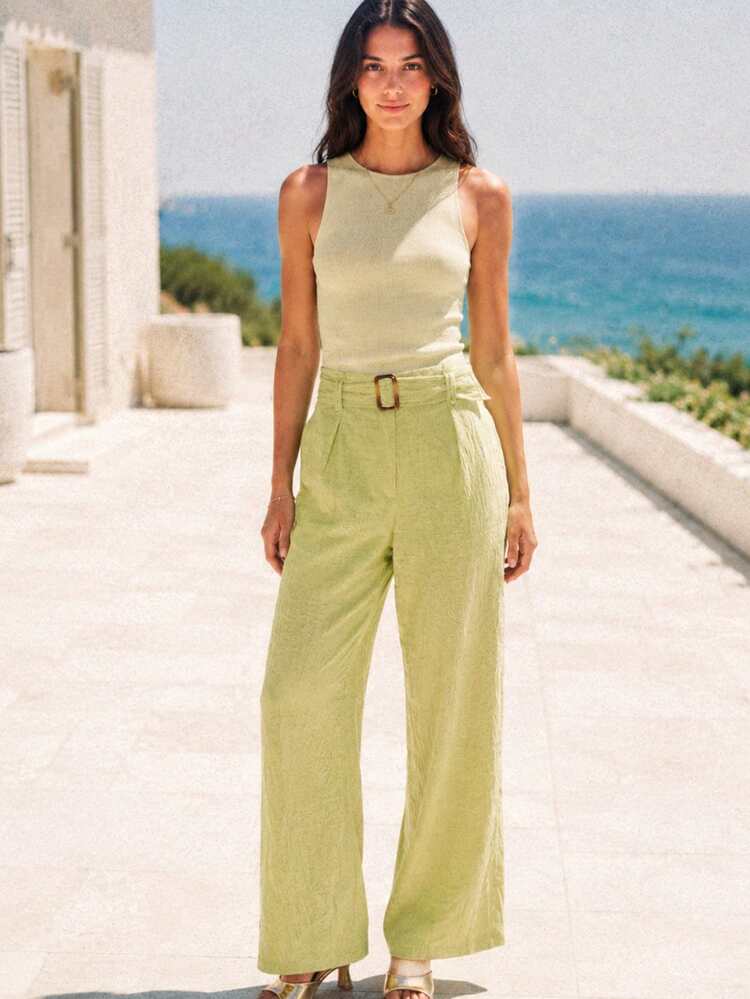 Green High-Waisted Wide-Leg Pants With Belt And Buckle Summer Cute Business Casual Pants