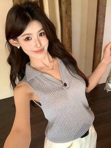 DAZY 素色 Polo 領無袖背心休閒春夏季女款針織上衣 - 灰色 - View 3