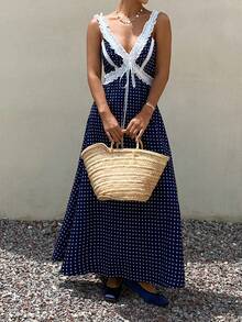 DAZY Polka Dot Contrast Lace Trim Spaghetti Strap Dress Elegant Romantic Sexy Vacation Summer Women's Long Dress Sundress Navy Blue Polka Dot - Blue - View 6