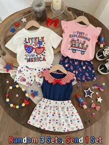 日系列 7月4日 可愛復古紅藍字母 Little Miss America 💙❤ 少女極簡休閒圓領短袖T恤與5英寸單車短褲套裝，適合春夏日常穿著、假期、日 - 彩色 - 查看 2