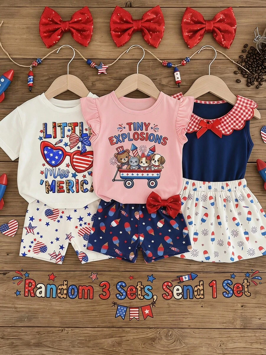 日系列 7月4日 可愛復古紅藍字母 Little Miss America 💙❤ 少女極簡休閒圓領短袖T恤與5英寸單車短褲套裝,適合春夏日常穿著、假期、日 - 彩色 - 查看 1