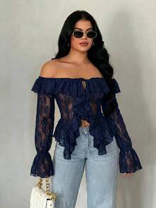 SHEIN SXY 女款海軍藍花卉夏季度假休閒優雅性感開襟荷葉邊飾長袖透視蕾絲上衣，適合夜晚外出與晚餐約會 - 藏蓝色 - 查看 5