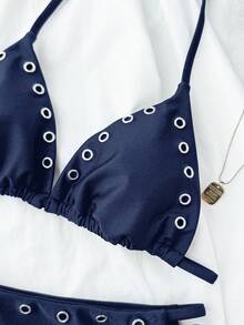 SHEIN 少女夏季沙滩纯色镂空装饰挂脖系带比基尼和三角泳裤泳装套装，适合游泳、度假、夏季沙滩穿着 - 藏蓝色 - 查看 3