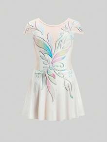 SHEIN Tween Girl Floral Print Cap Sleeve Ruffle Jumpsuit, It Is Suitable For Figure Skating, Gymnastics Performances, Comfortable Stretch. - White - View 9