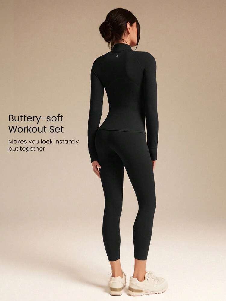 2 Pieces 24" FeatherFit™ Slay The Day Buttery-Soft High-Rise Crossover Waist Y-Shaped Butt Side Pockets Slim Fit Jacket & Leggings Set Low Impact Yoga Pilates Studio Daily Casual Wear