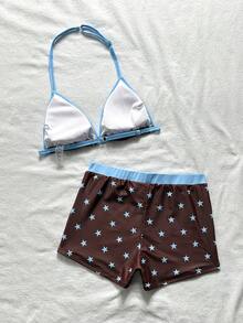 SHEIN 兒童青少年女孩黑色針織對比滾邊細肩帶比基尼上衣搭配花卉印花短褲度假泳裝套裝 - 彩色 - 查看 2