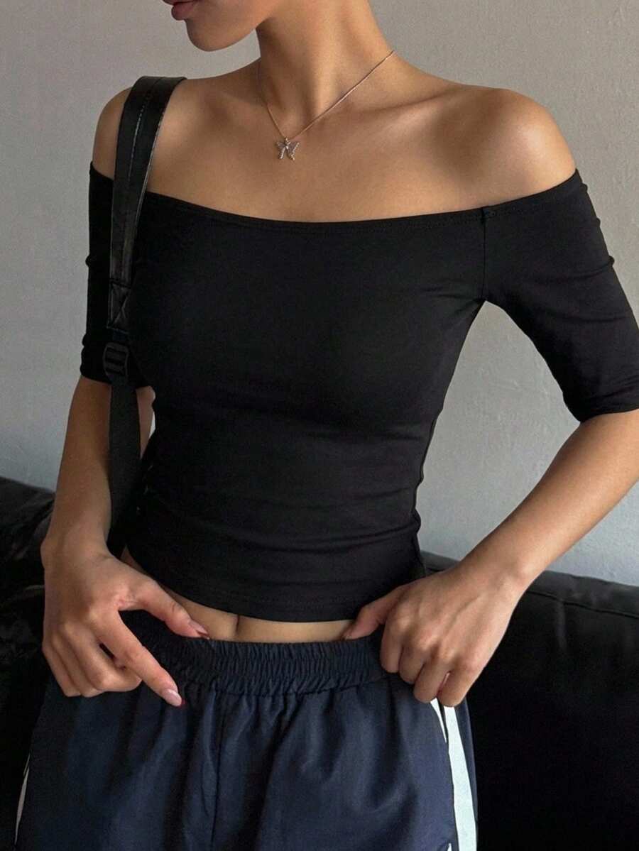 DAZY 女款方領短袖修身T恤 夏季 - 黑色 - 查看 1