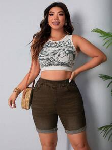 SHEIN ICON 大尺碼夏季休閒修身牛仔短褲 - 棕色 - 查看 4