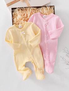 2 piezas Conjunto para recién nacido, Algodón acanalado con lazo 3D, Cierre de botones de presión de manga larga, Tela suave, Primavera/Otoño, Unisex - Multicolor - Ver 3