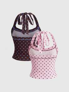 ROMWE Y2K Vintage Colorful Polka Dot Halter Neck Women's Tank Top - Pink - View 2