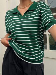 Dazy Plus Top de punto de manga corta con cuello polo, patchwork de bloques de color, divertido y casual, talla grande para mujer, primavera/verano - Verde Oscuro - Ver 5