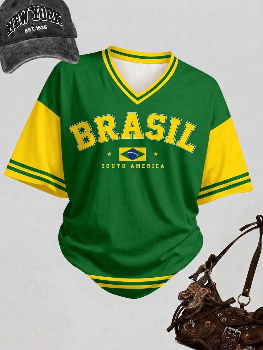 復古時尚綠色字母 BRAZIL、活力陽光黃、黃金海岸、對比領條紋運動風,青少年女孩簡約休閒 T-shirt 開學季、Y2k、Bm、美式復古甜美,戶外野餐、出遊、街拍 - 彩色 - 查看 1