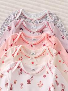 [Random 5 Sets, 2 Sets Sent] Newborn 0-12 Months Home Jumpsuit, Forest Style Ditsy Floral With Chain Craft Contrast Color, Fresh Style, Long Sleeve Footed, Open Crotch Snap Design, Easy To Put On And Take Off, Home Leisure, Daily Outings, Spring And Summer, All Seasons - Multicolor - View 4
