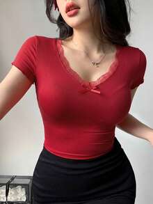 DAZY 女款方領短袖修身T恤 夏季 - 紅色 - 查看 3