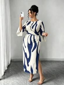Elenzga 大码女士优雅通勤简约日常约会派对性感宴会开衩袖口修身杏色底黑色印花长裙 - 藍色 - 查看 1