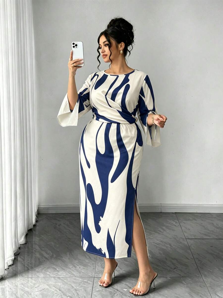 Elenzga 大码女士优雅通勤简约日常约会派对性感宴会开衩袖口修身杏色底黑色印花长裙 - 藍色 - 查看 1