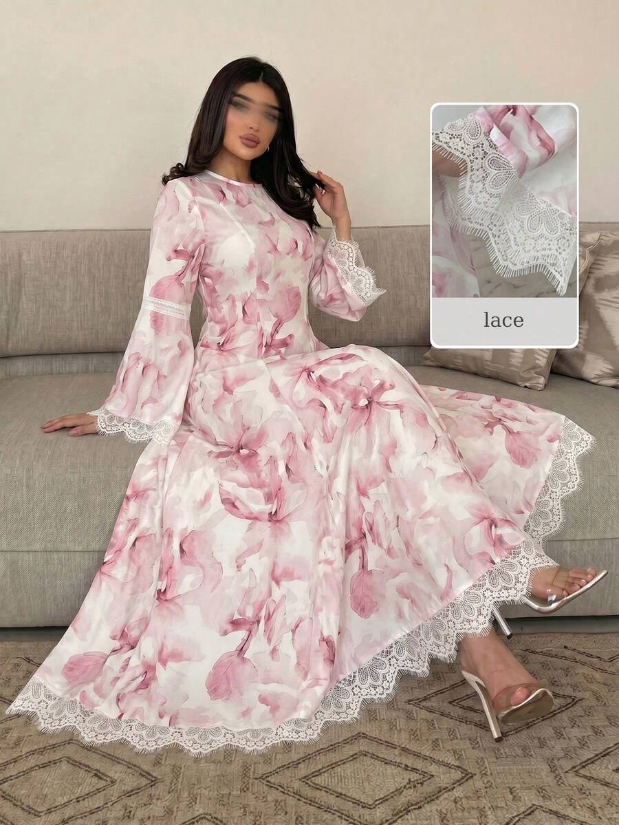 Yasmyna Abito lungo a maniche lunghe con stampa digitale intrecciata rosa, con bordo in pizzo bianco, silhouette a vita stretta e linea ad A, elegante stile romantico arabo, adatto per primavera/estate