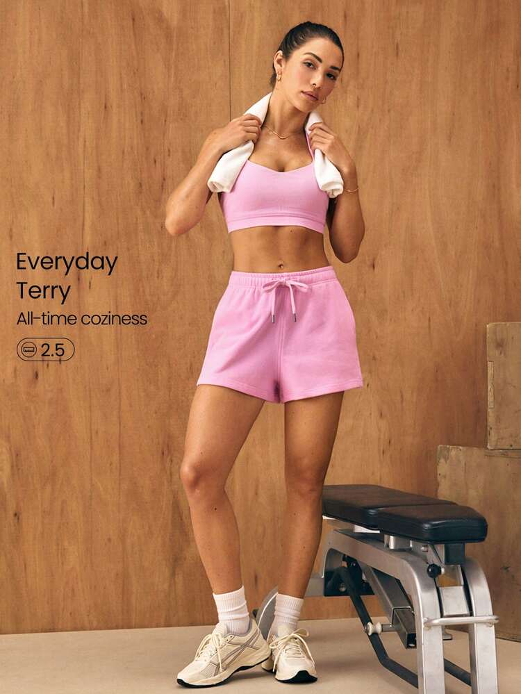 2.5" Everyday Terry Foldable High-Waist Drawstring Shorts Pocket Daily Casual Summer