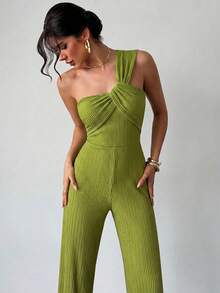 Firerie Women's Solid Color Knit Textured Fabric Jumpsuit, Asymmetric Twist Design, Straight Leg - Olive Green - View 5
