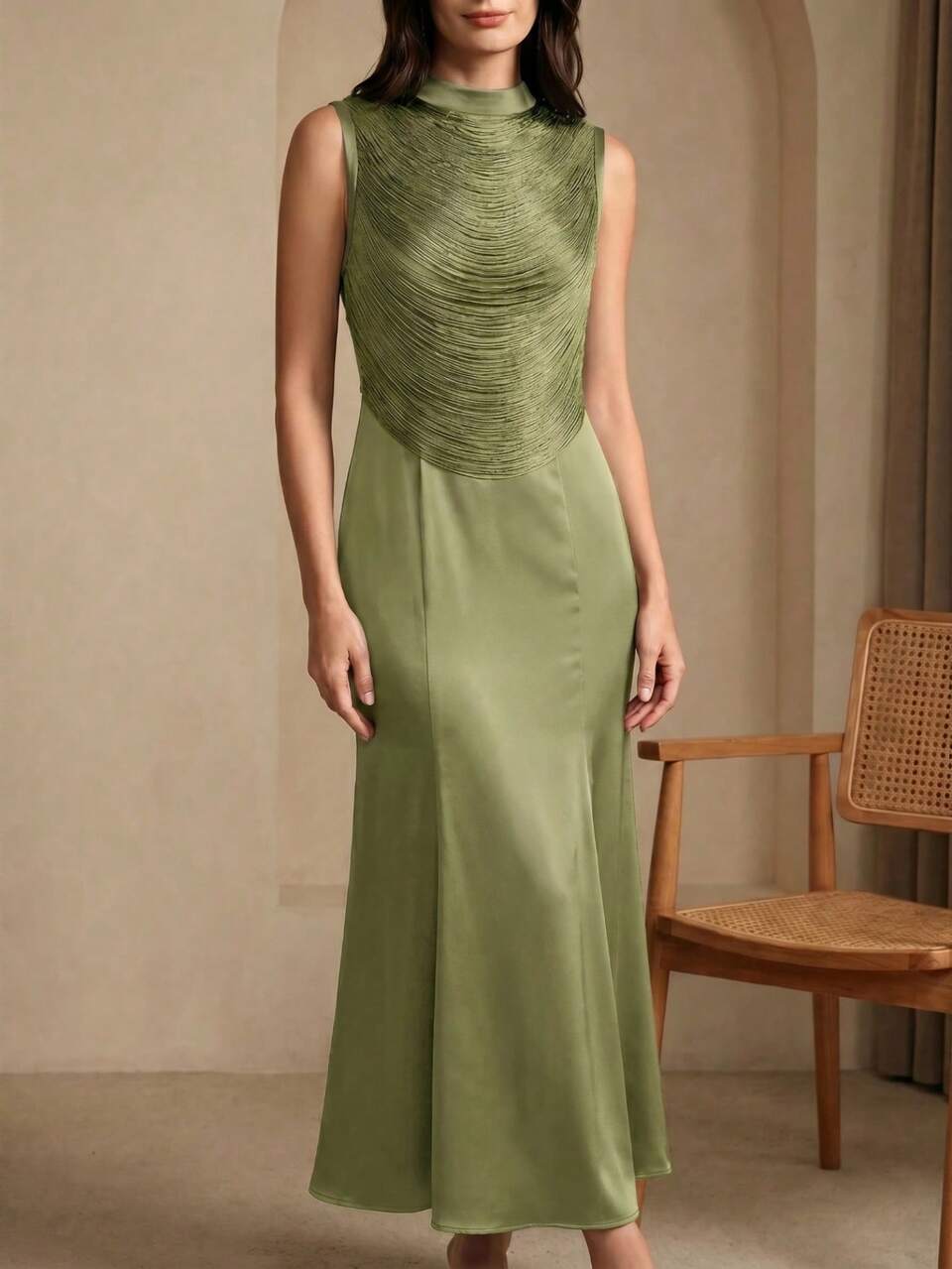 Modern Retro High-End 2 Pieces Sleeveless High Neck Fringe Patchwork Top And Satin Mermaid Dress For Women