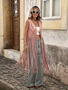 Brillora Chaleco abrigo con detalle de tachuelas y dobladillo con flecos para otoño/invierno - Rosa - Ver 4