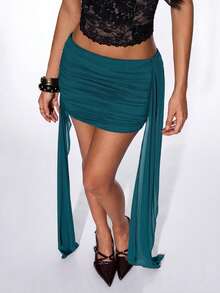 SHEIN ICON 女款棕色音樂會夜店外穿網紗 Coachella 休閒復古夏季純色荷葉邊百褶貼身裙 春季至夏季，春季至夏季 - 墨綠色 - 查看 6